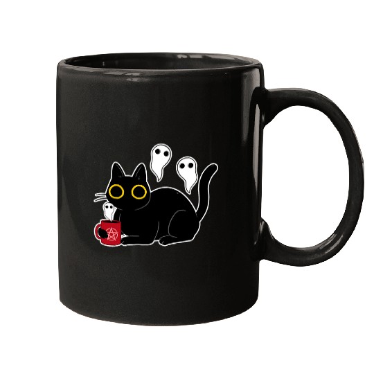 Funny black cats with Coffee Doing Black Magic with s Mugs