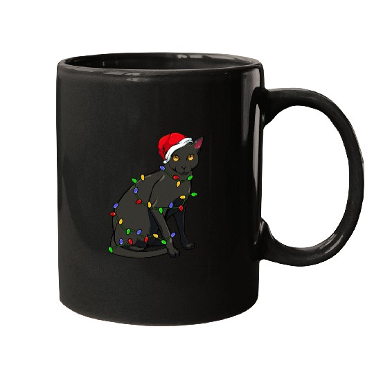 Cat Christmas Light Meowing Animal Winter Season Fan Black Mugs