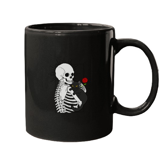 Black Demonic Cat Skeleton Hail Satan Death Metal Mugs