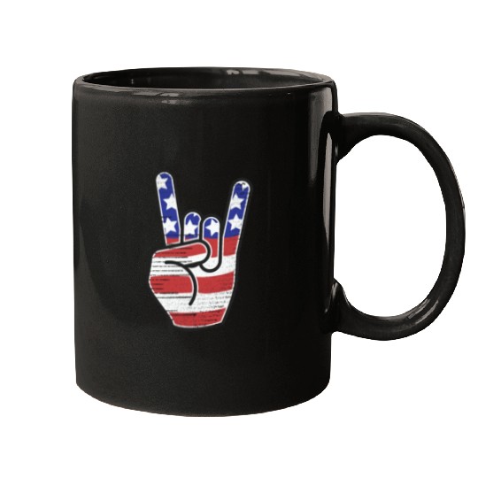 Rock n Roll USA Flag Horns Sign Retro Concert Band Mugs