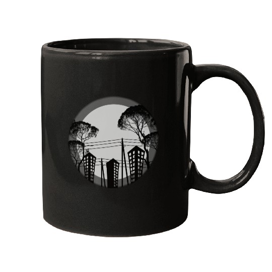 Black Tree Building Mugs