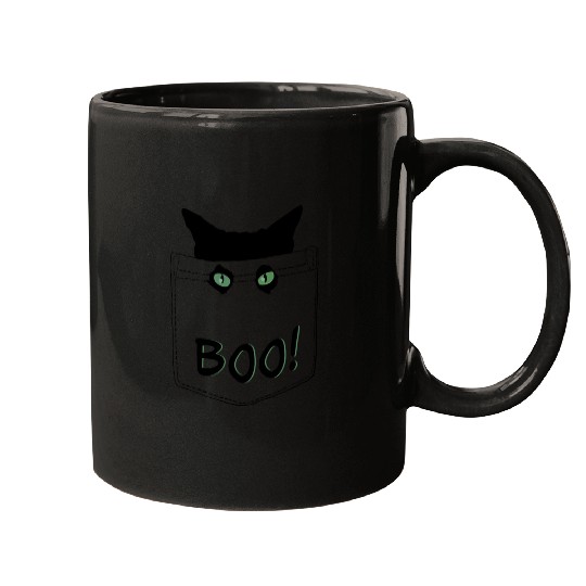 Green eyed Cat In Pocket Boo - funny Halloween Mugs