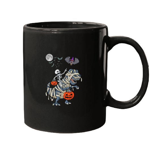 Funny Skeleton Riding Mummy dinosaur Halloween Mugs