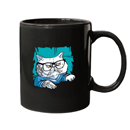 Stylish Nerd Persian Cat Beanie Glasses Tattoo Mugs