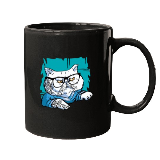 Stylish Nerd Persian Cat Beanie Glasses Tattoo Mugs
