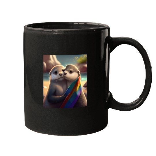 Hugging Otter Holding LGBT Flaglet Otter LGBT Mugs
