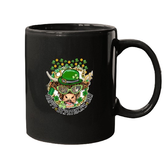Happy St. Patrick's Day, Funny Cow, Hat and Gold Mugs