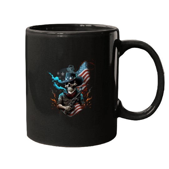 Skeleton with a gun, American flag Mugs