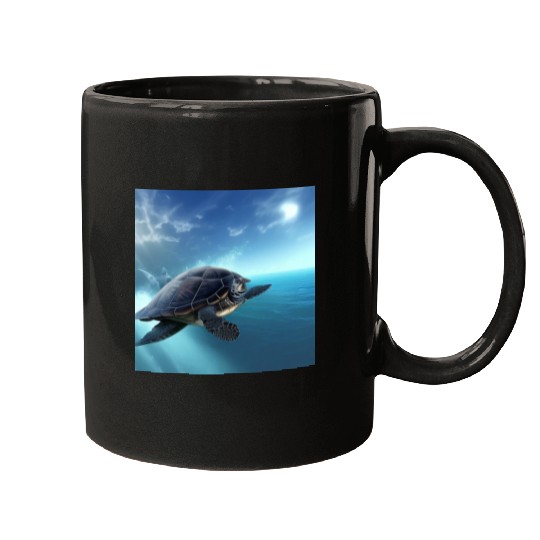Turtle swimming in the blue ocean print Mugs
