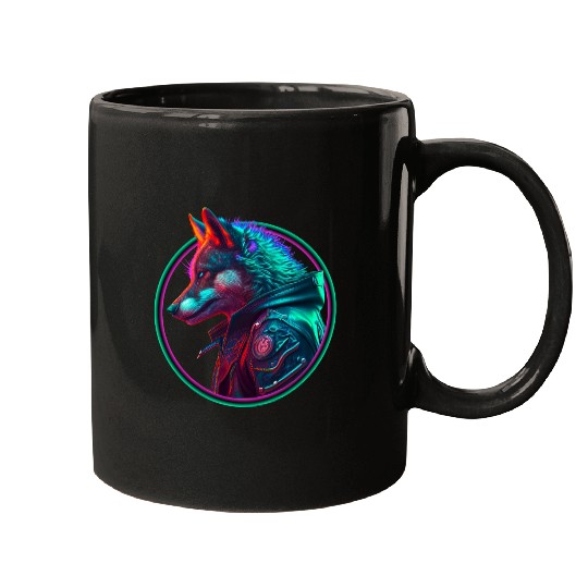 Neon punk wolf in leather jacket Mugs