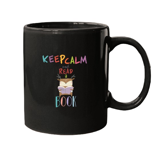 Keep calm and read a book a deer reading a book Mugs