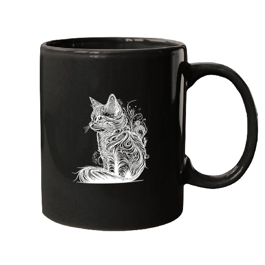 Tattoo Lines Cat In Wild Nature Style Mugs