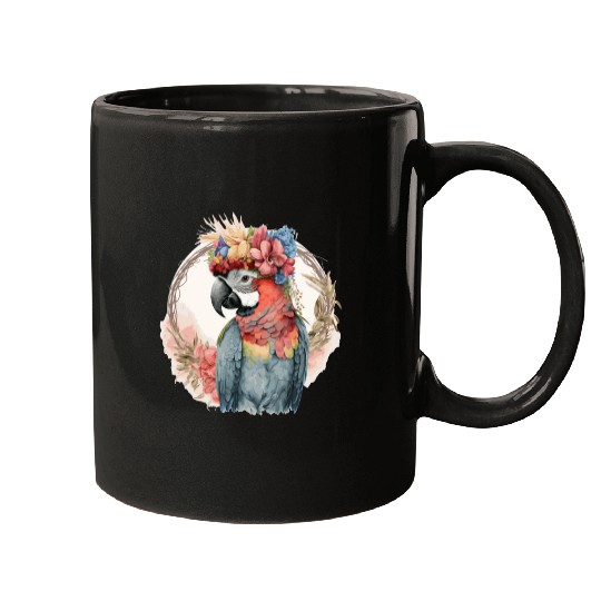 Colorful Parrot Watercolor Macaw Bird Flower Crown Mugs