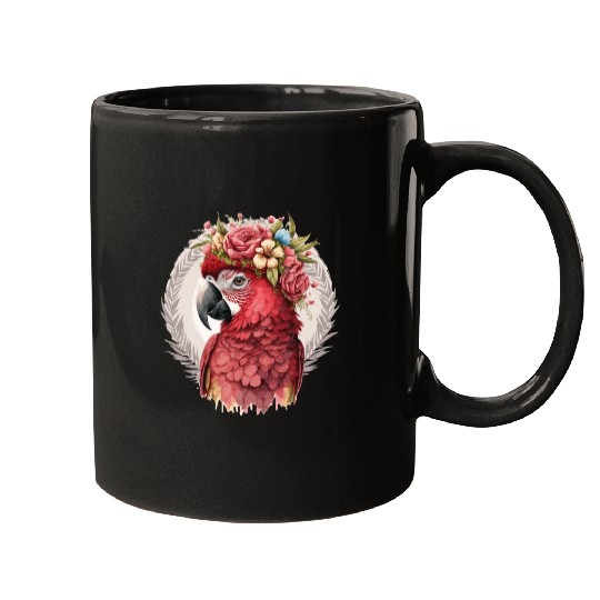 Scarlet Macaw Parrot Watercolor Bird Flower Crown Mugs