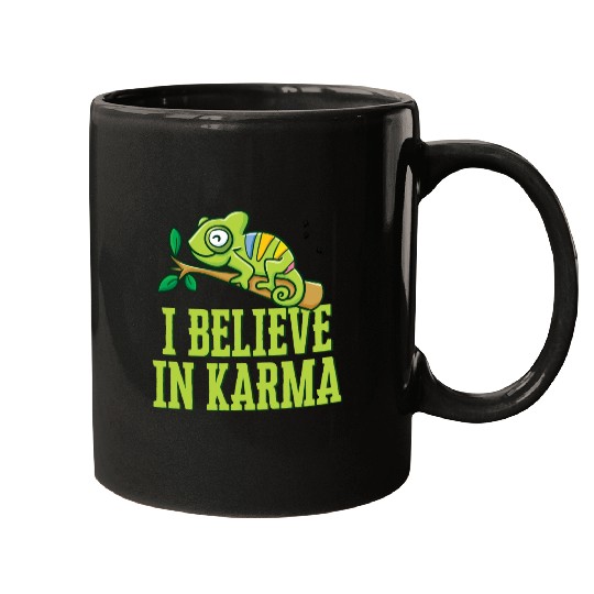 Happy Green Chameleon Karma Believer Mugs