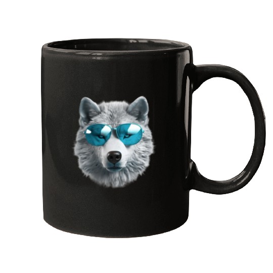 Grey Wolf Wearing Blue Sunglasses Wildlife Animal Mugs