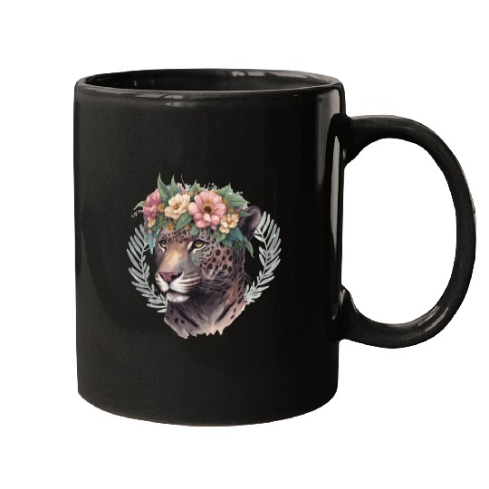 Watercolor Jaguar Flower Crown Wild Cat Lover Mugs