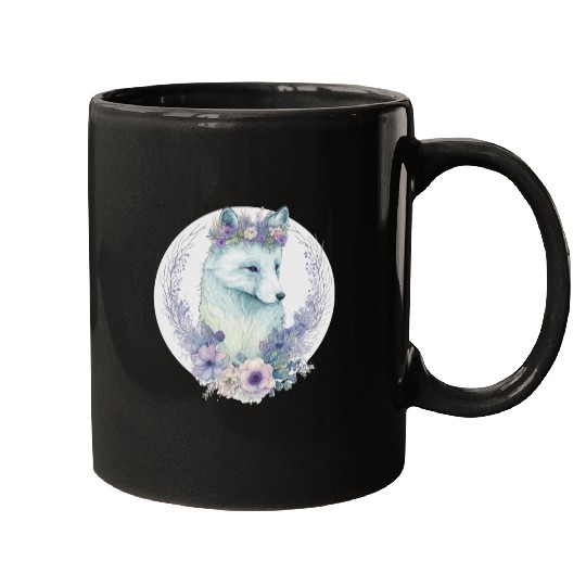 Cute Arctic Fox Flower Crown Floral Watercolor Ani Mugs