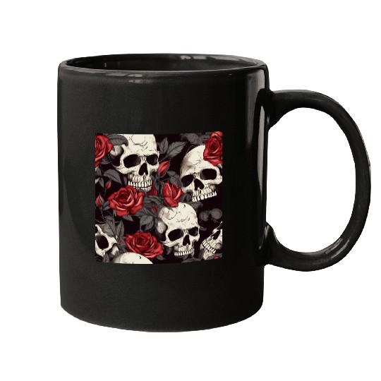 Dark Pattern Skulls & Red Roses Elegant Gothic Mugs