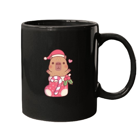Cute Capybara In Christmas Stocking With Candy Mugs