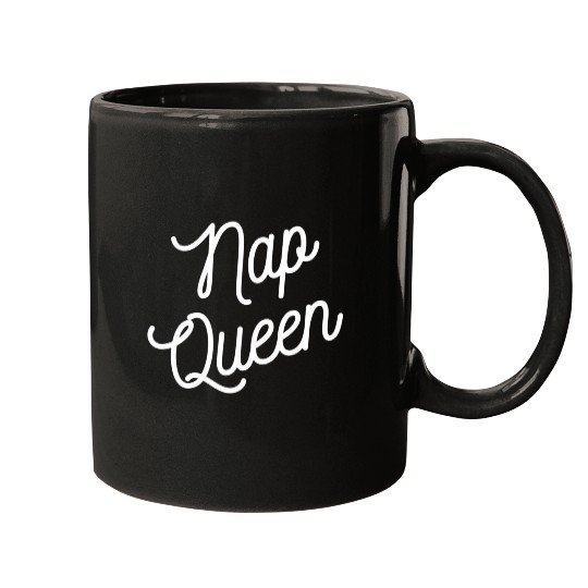 Nap Queen -White Print Cursive Script Font Mugs