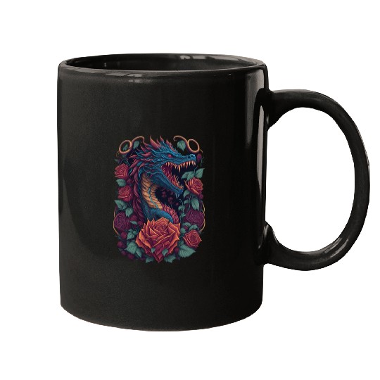 Cool Dragon with Roses Dragons Fantasy Mugs