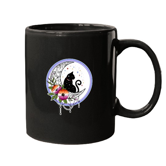 Galaxy Cat and Flowers in Lesbian Flag Colors Mugs