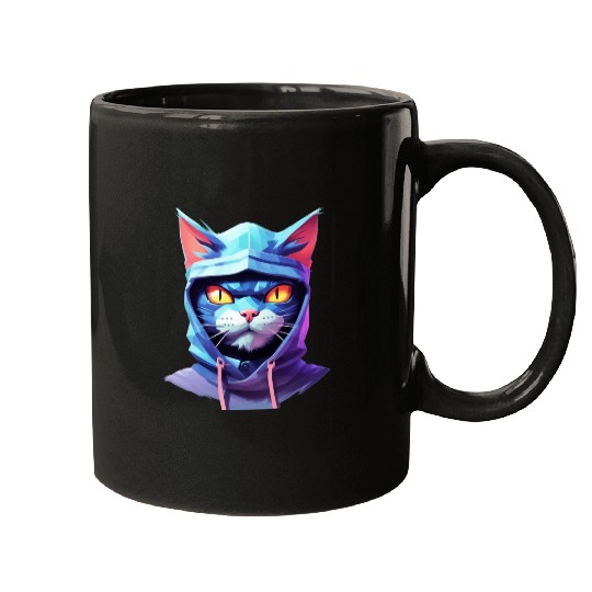 Bold Pastel Prowler: Ninja Cat's Sublime Ferocity Mugs