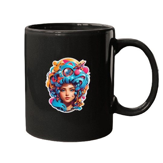 Psychedelic girl with multi color hair. futuristic Mugs