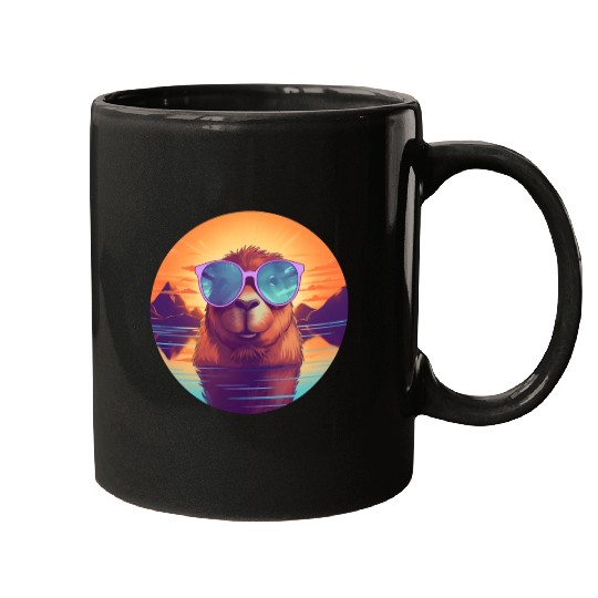 Sunset Serenity: Rustic Capybara Stripe Illustrate Mugs