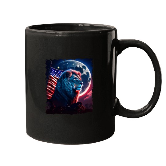 America lion under Moon with American Flag Mugs