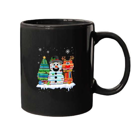Christmas Tree Snowman Reindeer Book Stack Mugs