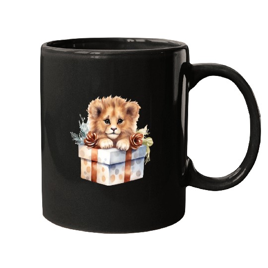 African Lion inside a Christmas gift box Mugs