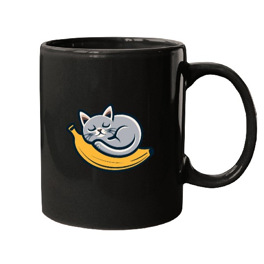 Gray Cat Sleeping On A Banana Mugs