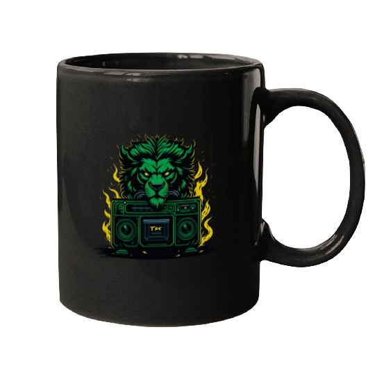 Lion-human character with emerald green fur. Mugs
