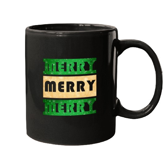 Merry Merry Merry Green and Gold Mugs