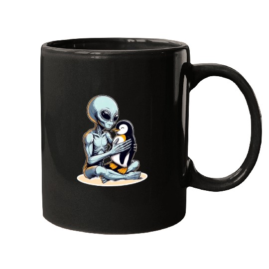 Alien Embracing Penguin Mugs