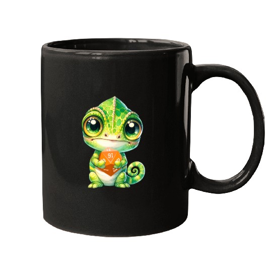 Chameleon Holding 20-sided Dice Mugs