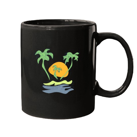 Outline beach scenery with palm trees island Mugs