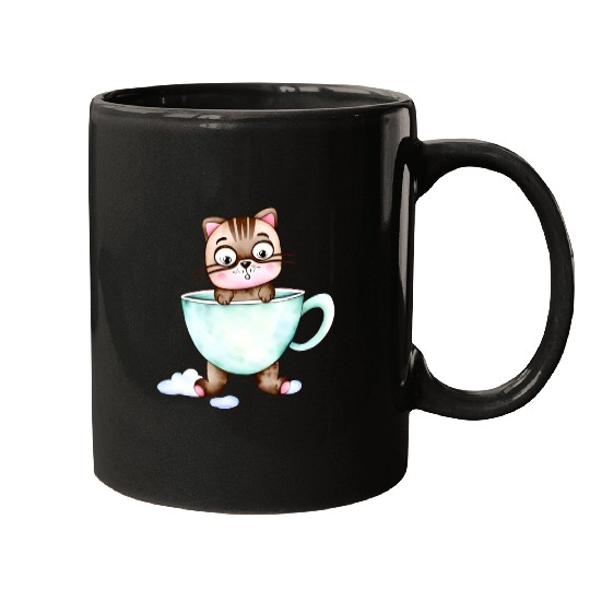 Surprised Silly Cat Wearing Coffee Cup Mugs