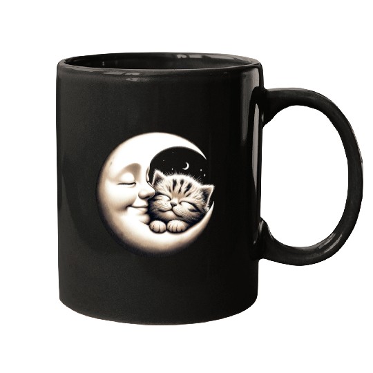 Peaceful Kitten and Moon Embrace Mugs