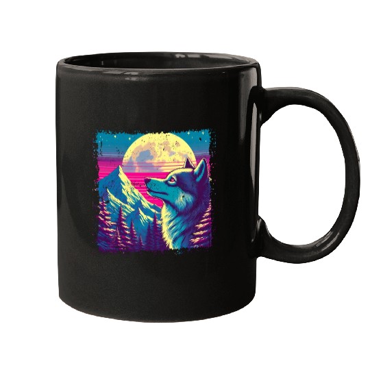 Retro Wolf Gazing at the Moon Mugs