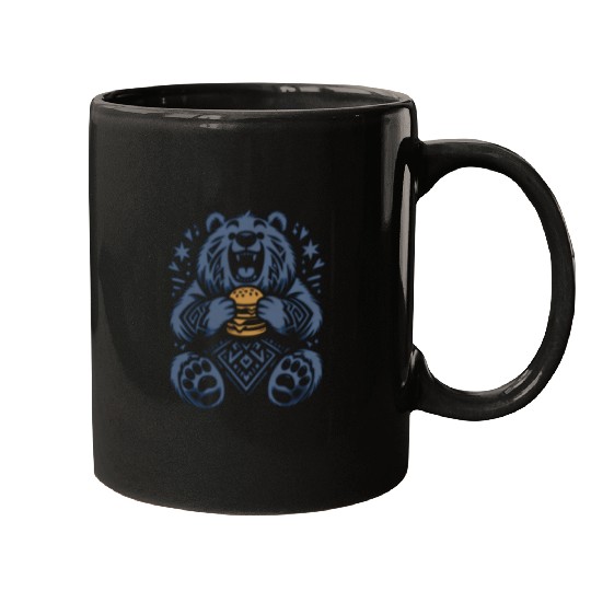 Cute Grizzly with Hamburger, Blue Mugs