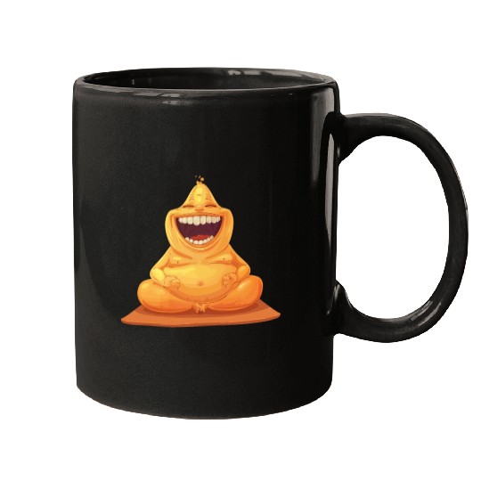 Joyful Yellow Creature Embracing Laughter Mugs