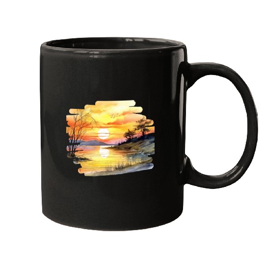 Sunset on the river Mugs