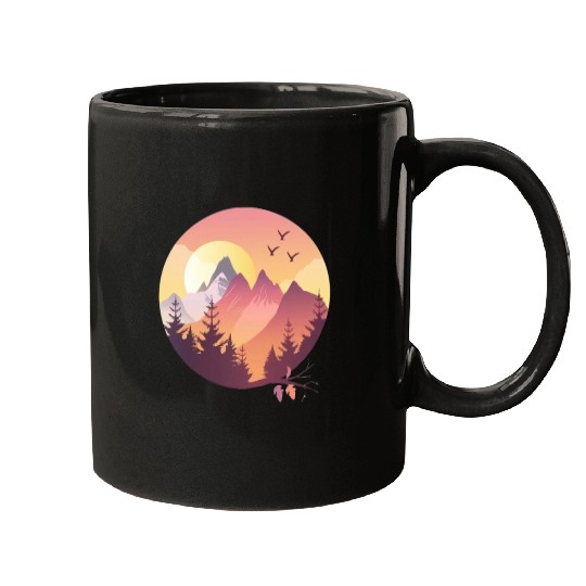 Sunset Mountain Landscape With Flying Birds Mugs