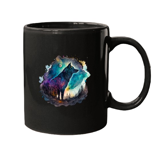 Wolf Print, Cosmic Wolves, Animal Print, Cosmos Mugs