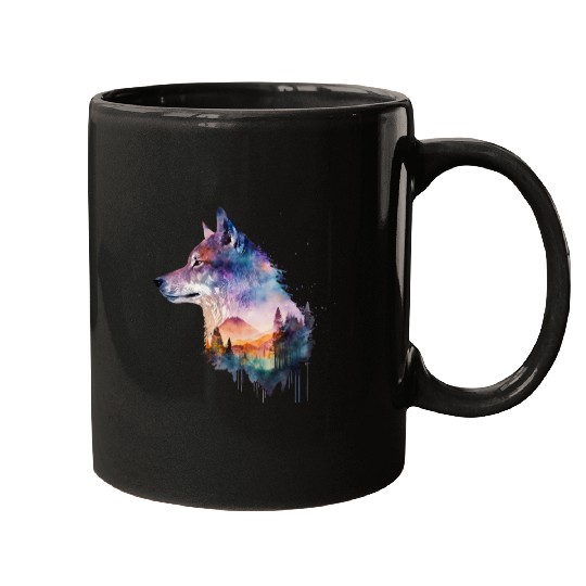 Wolf Print, Cosmic Wolves, Animal Print, Cosmos Mugs