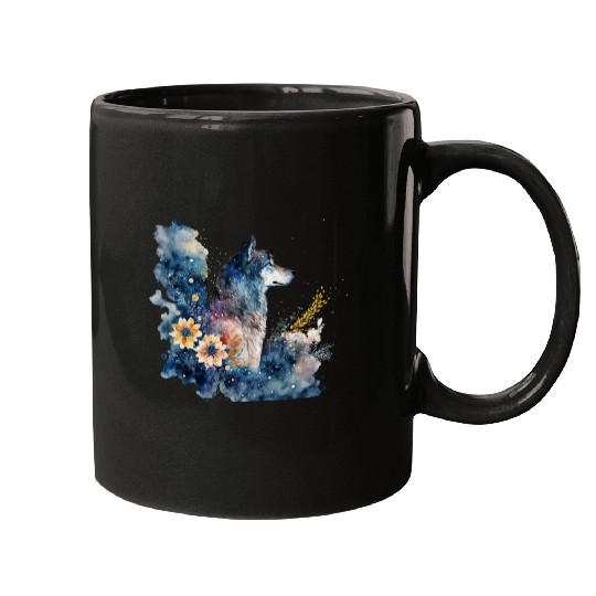 Wolf Print, Cosmic Wolves, Animal Print, Cosmos Mugs