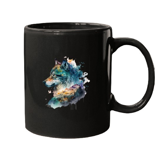 Wolf Print, Cosmic Wolves, Animal Print, Cosmos Mugs